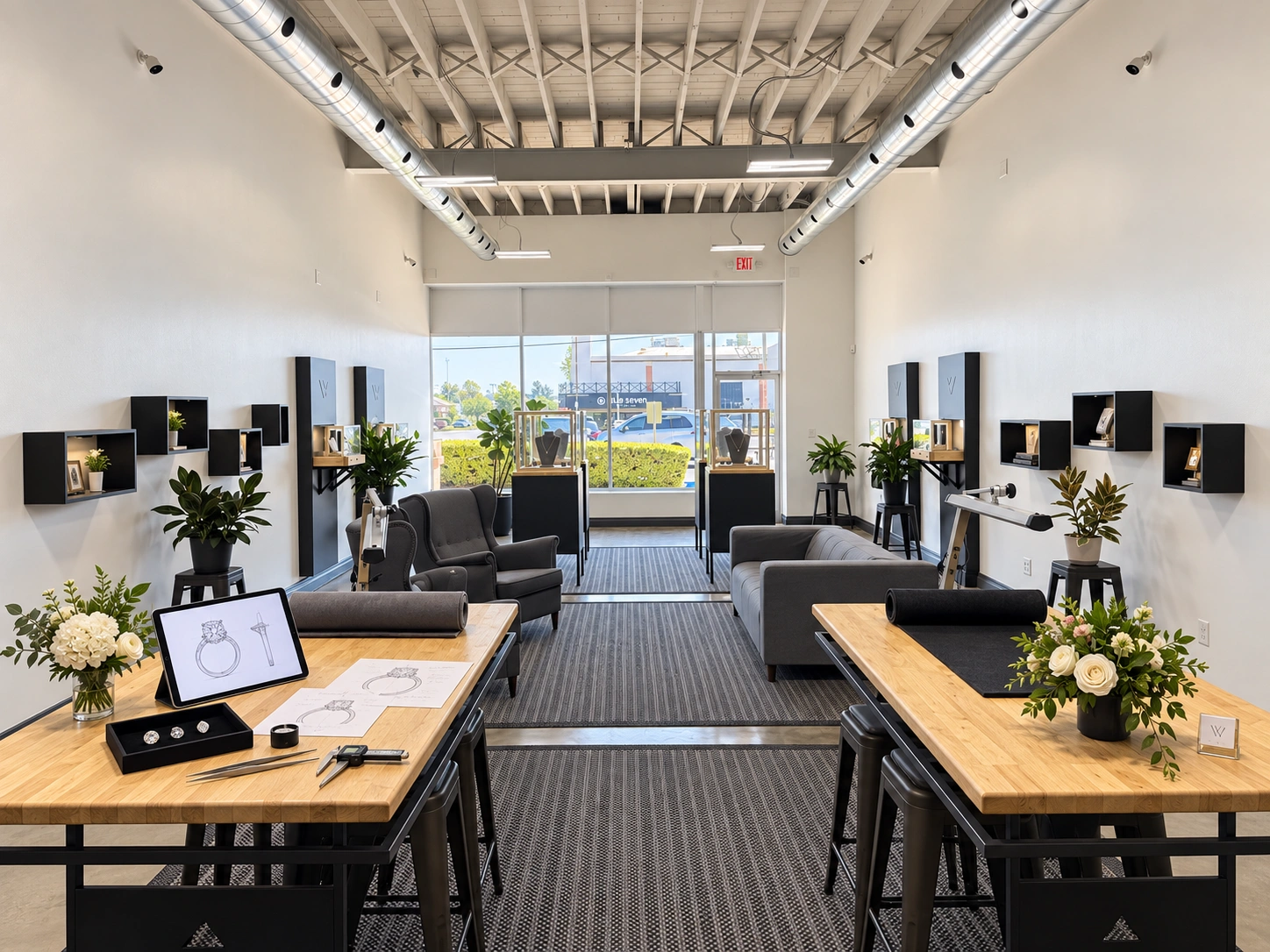 The Ovoeu Atelier with design tables, seating, and natural light
